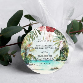 Pegatina Redonda Tropical Beach Floral Palm Wedding Favor