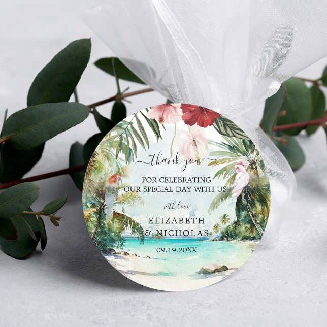 Pegatina Redonda Tropical Beach Floral Palm Wedding Favor (Subido por el creador)