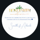 Pegatina Redonda Tropical Beach Sunset Honeymoon Fondo Ducha Pareja<br><div class="desc">Bienvenido a sus huéspedes en un viaje imaginario a su futuro destino de luna de miel con este diseño Tropical Beach Sunset Honeymoon Fund Wedding Shower. Personalice fácilmente el texto con los detalles de su grupo. ¡Feliz luna de miel! ♥</div>