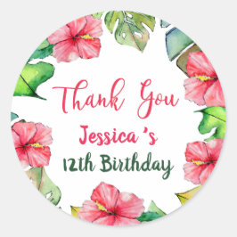 Pegatina Redonda Tropical Floral Hawaiian Gracias Cumpleaños