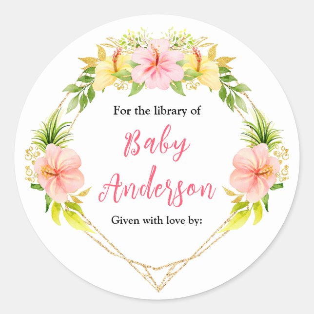 Pegatina Redonda Tropical Jungle Floral Baby Shower Bookplate (Anverso)