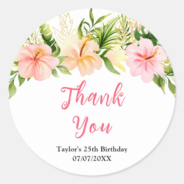 Pegatina Redonda Tropical Jungle Floral Birthday Party Thank You (Anverso)
