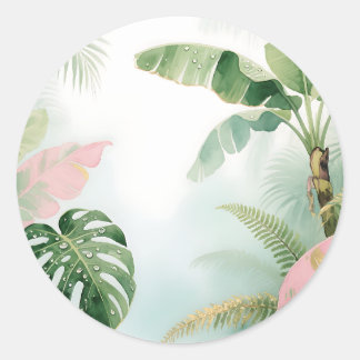 Pegatina Redonda Tropical Jungle Leaves Watercolor