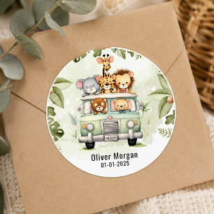 Pegatina Redonda Tropical Jungle Safari Animales Niño Baby Shower