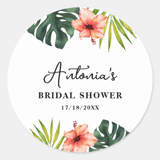 Pegatina Redonda Tropical Monstera Palm Bridal Shower  (Anverso)
