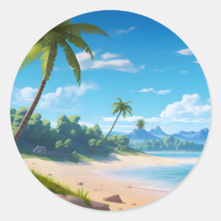 Pegatina Redonda Tropical Ocean Island Sandy Beach Shore