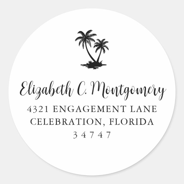 Pegatina Redonda Tropical Palm Tree Home Address (Anverso)