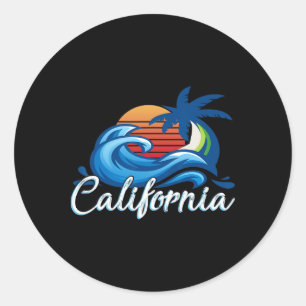 Pegatina Redonda Tropical Sunset Cali Beach Waves Surfing Usa Calif
