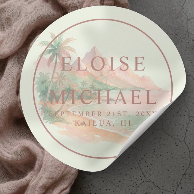 Pegatina Redonda Tropical Sunset Island Beach Watercolor Wedding (Tropical Sunset Island Beach Watercolor Wedding Classic Round Sticker)