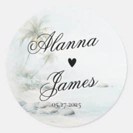 Pegatina Redonda Tropical Watercolor Beach Wedding Sticker