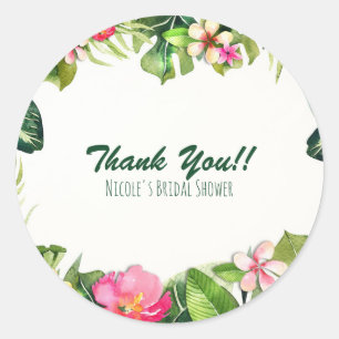 Pegatina Redonda Tropicos Elegantes Hojas Verdes Floral Acuarela