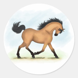 Pegatina Redonda Trotting Buckskin Horse Ecuestres