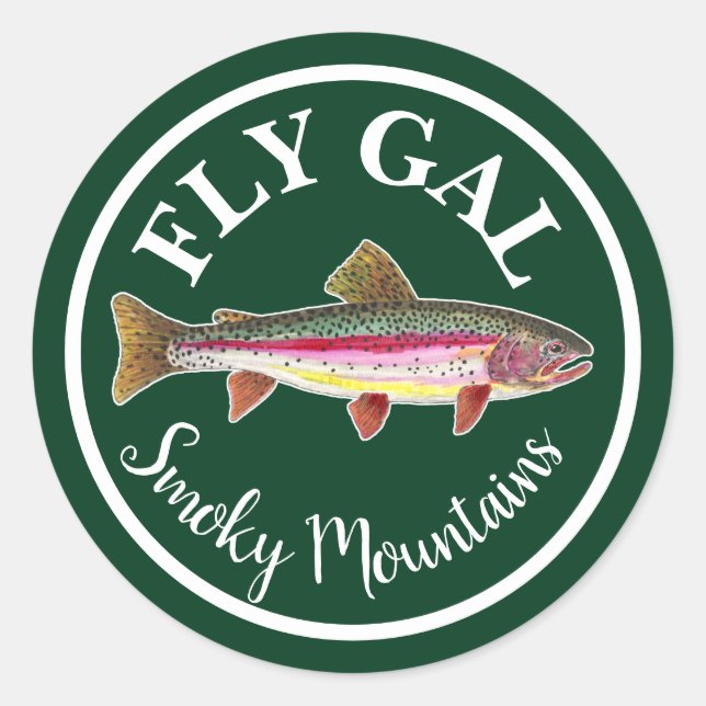 Pegatina Redonda Trucha arco iris Fly Fishing FLY GAL Personalizado (Anverso)