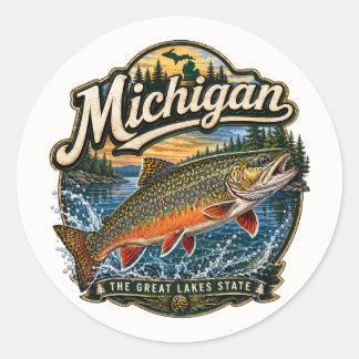 Pegatina Redonda Trucha de Michigan Grandes Lagos