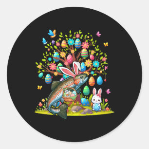 Pegatina Redonda Trucha Pescado Bunny Eggs Pascua Cute Tree Costume