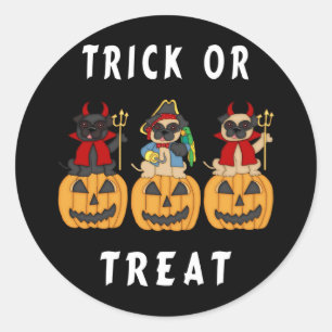 Pegatina Redonda Truco de Halloween o trébol perros pug