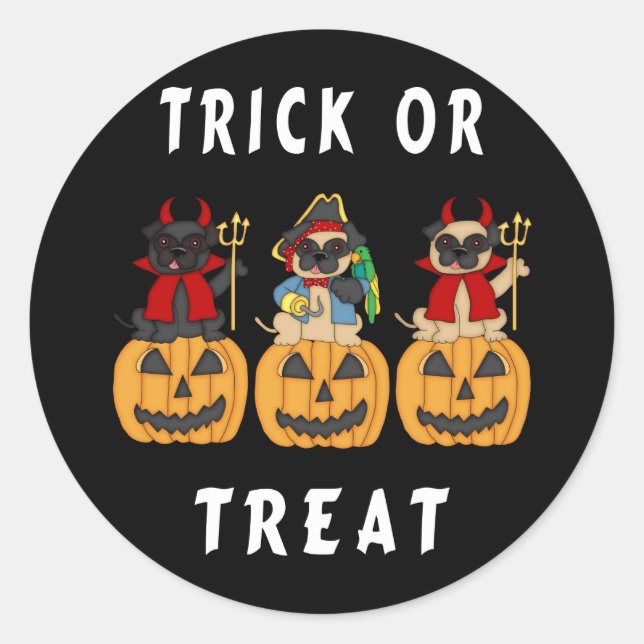 Pegatina Redonda Truco de Halloween o trébol perros pug (Anverso)