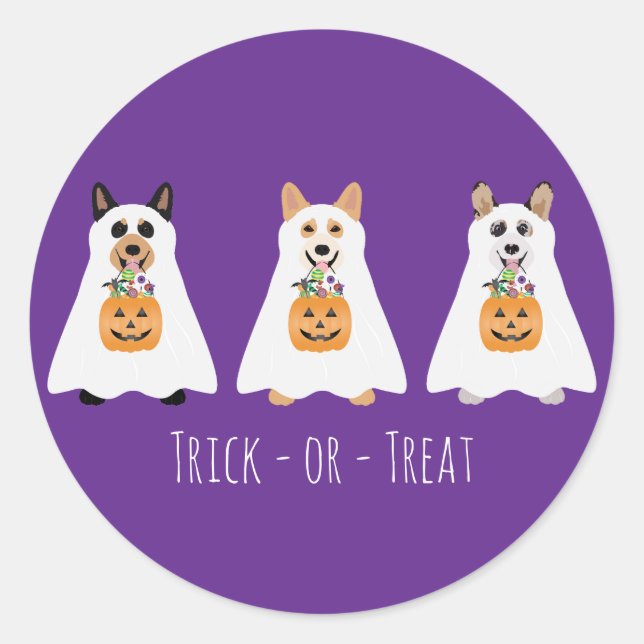 Pegatina Redonda Truco O Tratamiento Corgi Ghost Dogs Halloween (Anverso)
