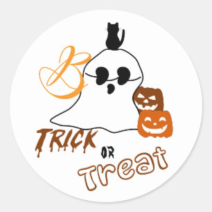 Pegatina Redonda Truco o trato Boo con gato atrás y calabaza