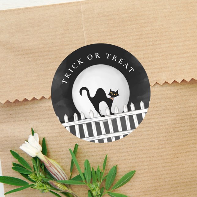 Pegatina Redonda Truco o trato de Halloween Gato negro espeluznante (Subido por el creador)