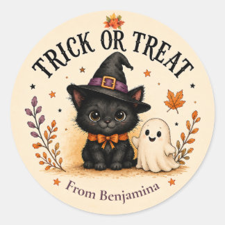 Pegatina Redonda Truco o trato gato negro y fantasma de Halloween