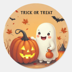 Pegatina Redonda Truco personalizado o trato a fantasma y calabaza