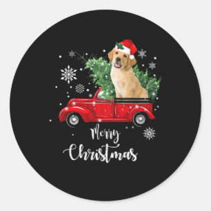 Pegatina Redonda Truco Rojo Merry Christmas Tree Golden Retriever C