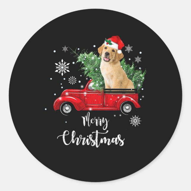 Pegatina Redonda Truco Rojo Merry Christmas Tree Golden Retriever C (Anverso)