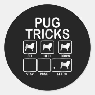 Pegatina Redonda Trucos De Pug Siéntese, Talo, Abajo, Quédate, Ven,