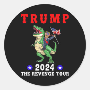 Pegatina Redonda Trump 2024 El tour de venganza montando dinosaurio