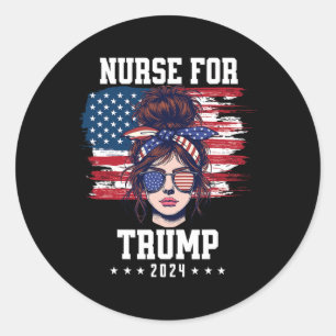 Pegatina Redonda Trump 2024 Enfermera Messy Bun America Bandera Est