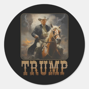Pegatina Redonda Trump 2025 Presidente Vaquero Montando Caballo Occ