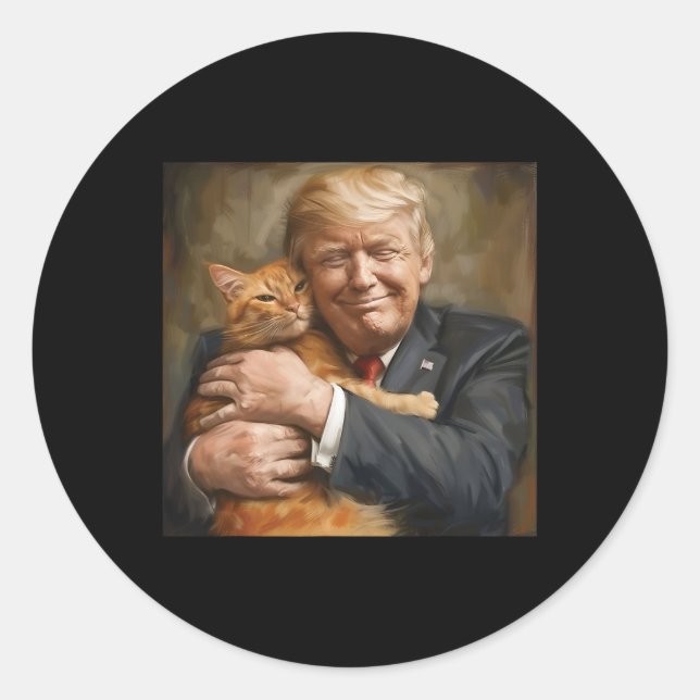 Pegatina Redonda Trump Abrazando Un Gato Naranja 2024 (Anverso)