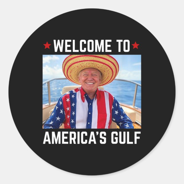 Pegatina Redonda Trump, el presidente de Estados Unidos en el Golfo (Anverso)