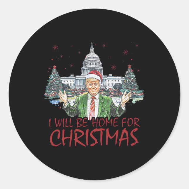Pegatina Redonda Trump Estaré en casa para Navidades Divertidos Nav (Anverso)