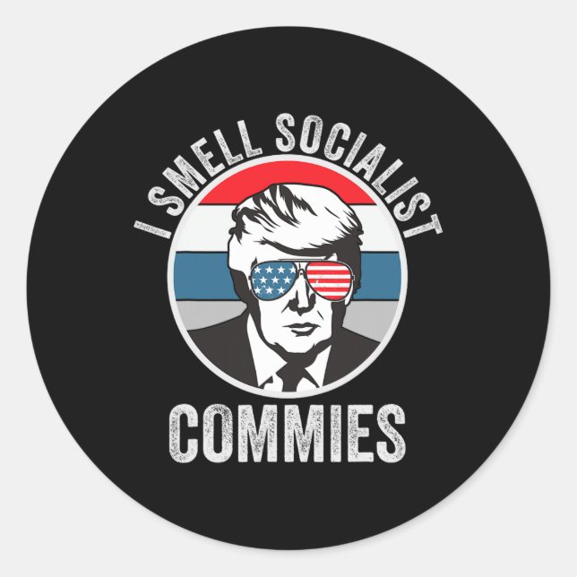 Pegatina Redonda Trump huele humor político a comunistas (Anverso)