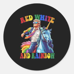 Pegatina Redonda Trump montando unicornio blanco rojo y arcoiris es