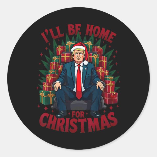 Pegatina Redonda Trump sentado en la presidencia Estaré en casa par (Anverso)