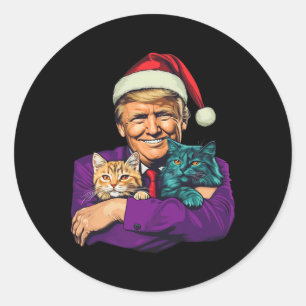 Pegatina Redonda Trump Sosteniendo Gatos Feliz Navidad Festivo Dive