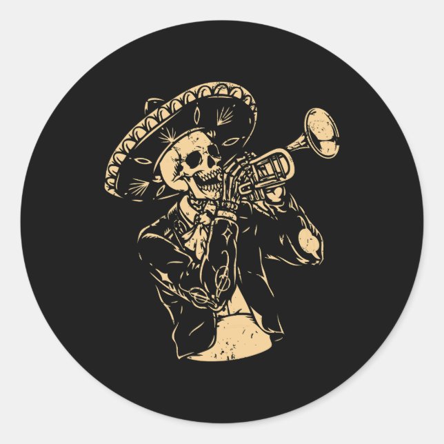 Pegatina Redonda Trumpet Player Retro Skeleton Trumpeter Musi (Anverso)