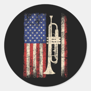 Pegatina Redonda Trumpet Usa Bandera Estadounidense Shirt Jazz Musi
