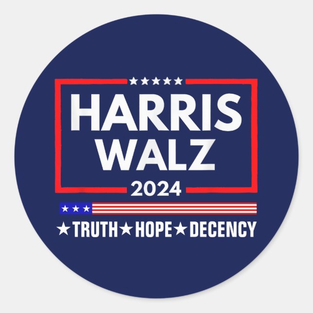Pegatina Redonda Truth Hope Decency Harris Walz 2024 (Anverso)