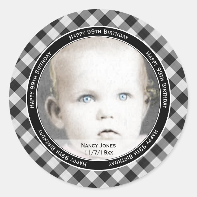 Pegatina Redonda Tu foto: Gingham Checks Pattern Black/White (Anverso)