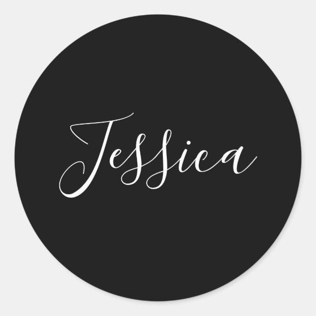 Pegatina Redonda Tu nombre | Elegante guión blanco sobre negro (Anverso)