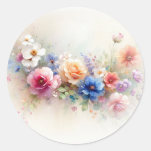 Pegatina Redonda Tu Texto Personalizado Elegantes Flores Acuarela B