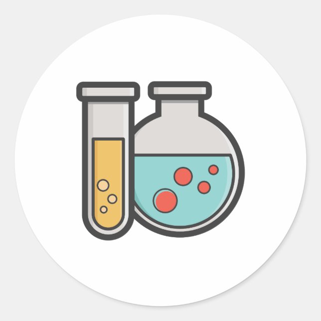 Pegatina Redonda Tubo de prueba de química y vaso de precipitado (Anverso)