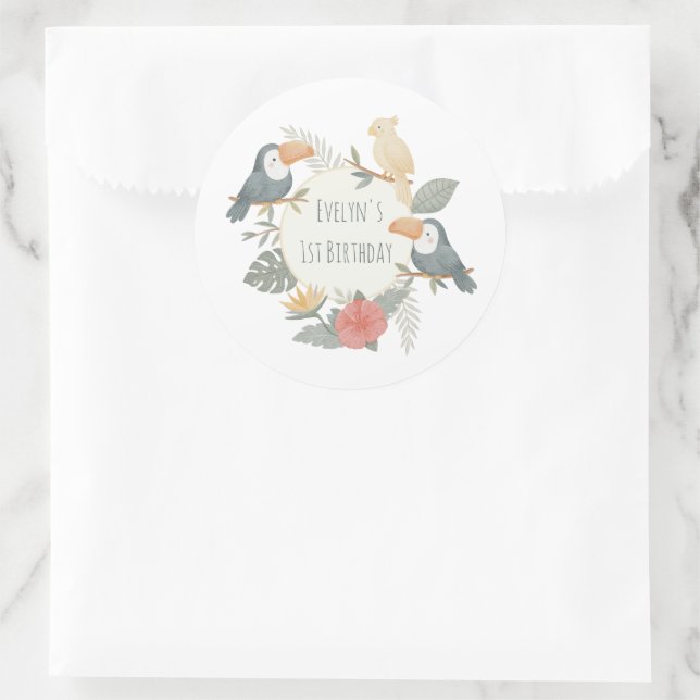 Pegatina Redonda Tucán Tropical de Cumpleaños Personalizado  (Bolso)