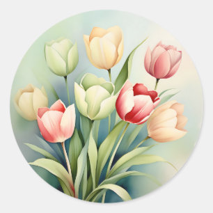 Pegatina Redonda Tulip Garden De Acuarela En Sage Green