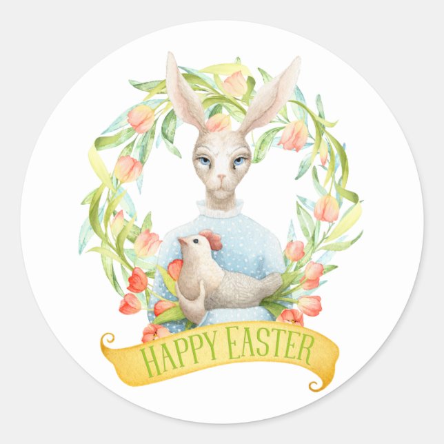 Pegatina Redonda Tulip Wreath and Rabbit Happy Easter (Anverso)