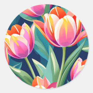 Pegatina Redonda Tulipán de arte pop vibrante y energético